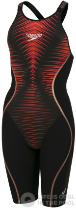 Maillots de bain compétition femme Speedo Fastskin LZR Pure Intent Openback Kneeskin Black/Blood Red/Dragonfire Orange/Gold